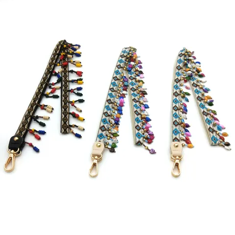 Ethnic Embroidered Bag Strap With Colorful Beaded Tassel Bohemian Geometric Pattern Handbag Accessory Replacement Shoulder Strap