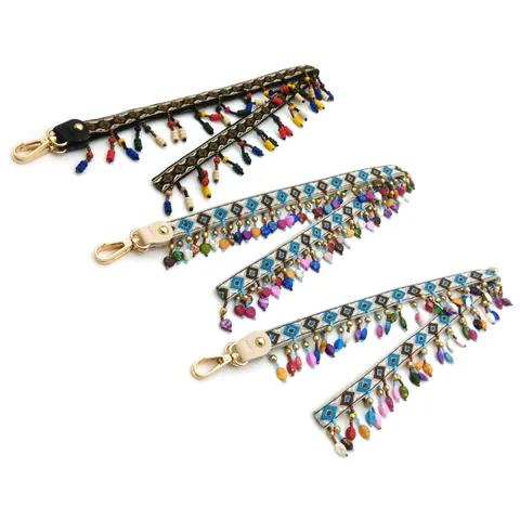 Ethnic Embroidered Bag Strap With Colorful Beaded Tassel Bohemian Geometric Pattern Handbag Accessory Replacement Shoulder Strap