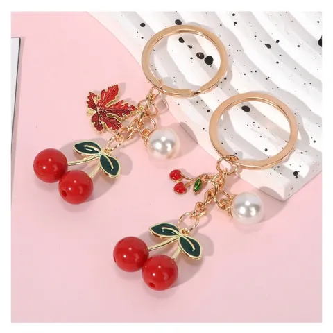 Red Cherry Resin Keychain With Artificial Pearl Maple Leaf Charm Zinc Alloy Gold Metal Key Ring Bag Pendant Jewelry