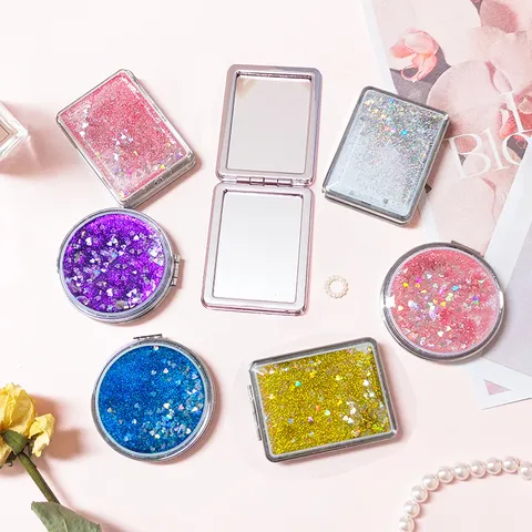 Miroir de Maquillage Pliable Portable Double Face Sable Mouvant Rond Paillettes Cœur Miroir Compact Voyage pour Femmes Étudiants