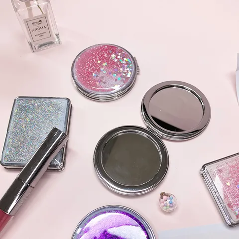 Draagbare Drijfzand Make-upspiegel Dubbelzijdige Opvouwbare Zakspiegel Met Vloeibare Glitter Hartlovertjes Voor Dames Meisjes Studenten