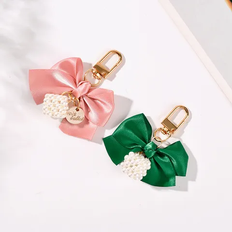 Creative Satin Ribbon Bowknot Keychain Unique Artificial Pearl Cube Pendant Zinc Alloy Key Ring For Car Keys Bags Women
