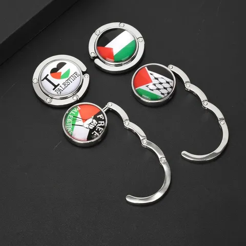 Portable Folding Bag Hook Palestine Flag Pattern Desktop Handbag Hanger Metal Glass Table Purse Hook For Women Jewelry