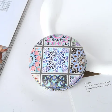 Boheems Mandala Patroon Opvouwbare Dubbelzijdige Zakspiegel Vintage Rond Draagbaar PU Leer Make-up Spiegel Voor Vrouwen Cadeau