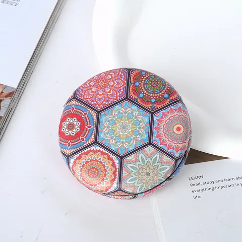 Boheems Mandala Patroon Opvouwbare Dubbelzijdige Zakspiegel Vintage Rond Draagbaar PU Leer Make-up Spiegel Voor Vrouwen Cadeau