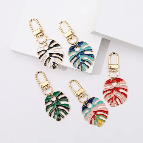 Tropical Monstera Leaf Metal Keychain Colorful Enamel Plant Leaf Bag Charm Gold Pendant Accessory Gift For Women Girls