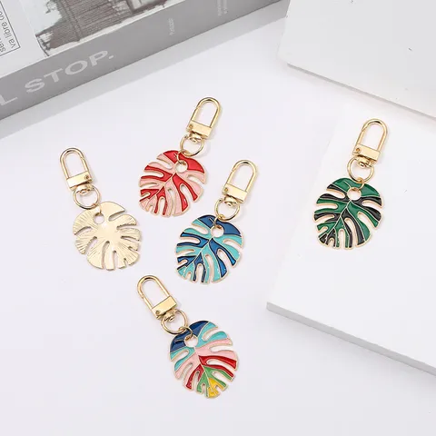 Tropical Monstera Leaf Metal Keychain Colorful Enamel Plant Leaf Bag Charm Gold Pendant Accessory Gift For Women Girls