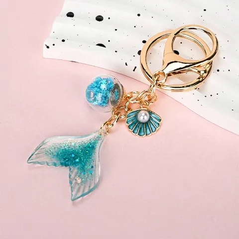 Dreamy Mermaid Tail Keychain For Women Gradient Fish Scale Bag Charm Metal Shell Starfish Pendant Rhinestone Artificial Pearl Key Ring Gift
