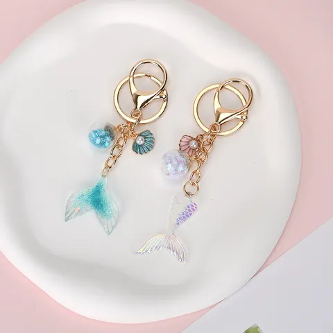 Dreamy Mermaid Tail Keychain For Women Gradient Fish Scale Bag Charm Metal Shell Starfish Pendant Rhinestone Artificial Pearl Key Ring Gift