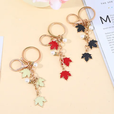 Cute Gold Tone Zinc Alloy Enamel Maple Leaf Keychain Artificial Pearl Rhinestone Bag Pendant For Women
