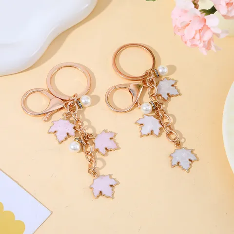 Cute Gold Tone Zinc Alloy Enamel Maple Leaf Keychain Artificial Pearl Rhinestone Bag Pendant For Women