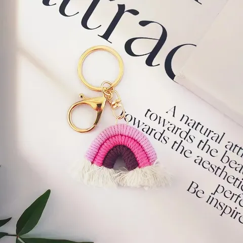 Noords Handgeweven Katoenen Regenboog Sleutelhanger Voor Vrouwen Boheemse Kwastje Tas Hanger Goud Zinklegering Sluiting
