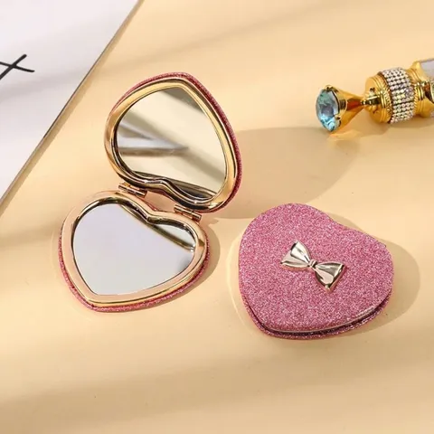 Cute Heart Shaped Portable Compact Makeup Mirror Double Sided Folding Pocket Cosmetic Mirror Glitter Sequin Bow knot Cartoon Unicorn Handheld Mini Mirror For Women Girls Gift