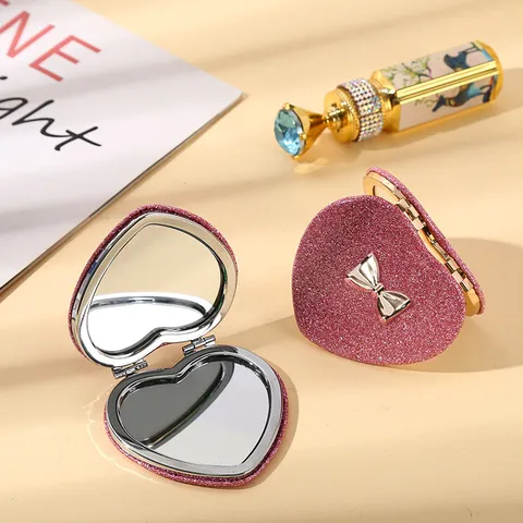Cute Heart Shaped Portable Compact Makeup Mirror Double Sided Folding Pocket Cosmetic Mirror Glitter Sequin Bow knot Cartoon Unicorn Handheld Mini Mirror For Women Girls Gift