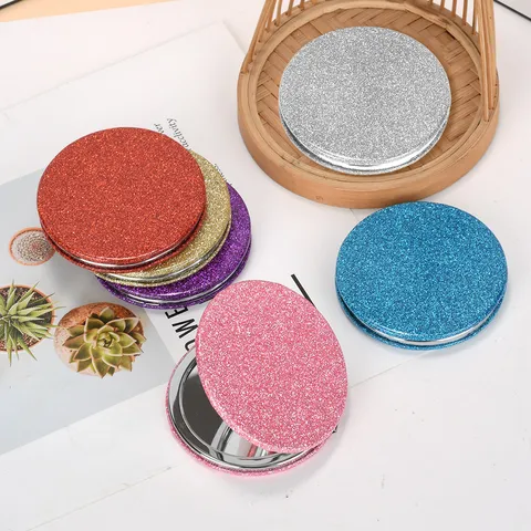 Specchio da Trucco Pieghevole Rotondo in Pelle PU Glitterata Specchietto da Tasca Doppio Lato Portatile per Viaggio Regalo Donna