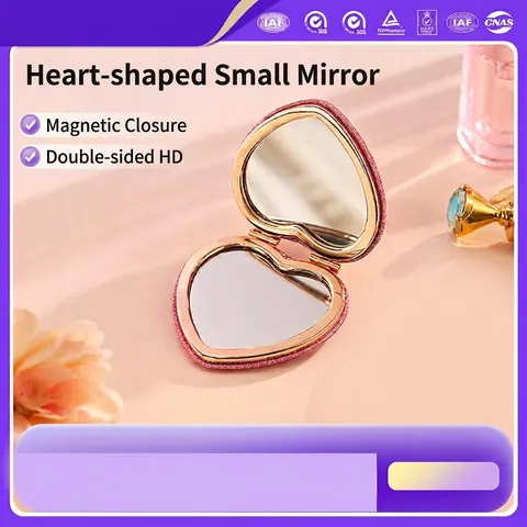 Heart Shaped Portable Folding Makeup Mirror Double Sided Compact Pocket Mirror For Women Girls Glitter PU Leather Travel Mirror With Magnetic Closure