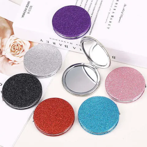 Tragbarer Runder Glitzer PU-Leder Klappbarer Make-up Spiegel Kompakter Doppelseitiger Taschenhandspiegel Für Reisen Damen Geschenk