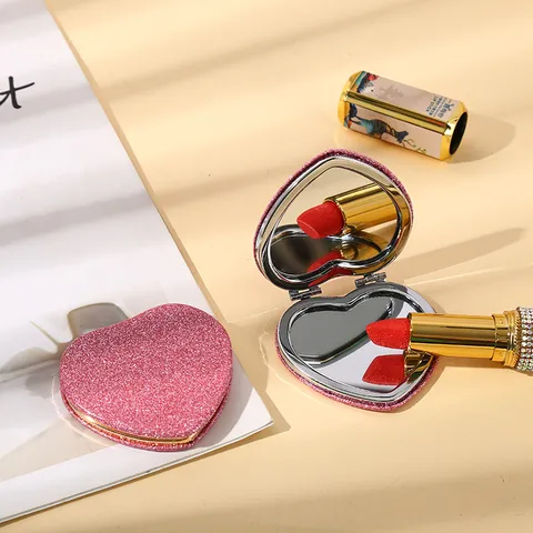 Heart Shaped Portable Folding Makeup Mirror Double Sided Compact Pocket Mirror For Women Girls Glitter PU Leather Travel Mirror With Magnetic Closure