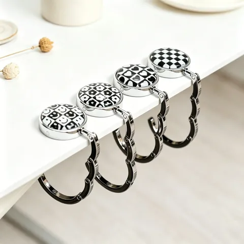 Portable Folding Metal Purse Hanger For Table Edge Bag Hook Checkerboard Smile Heart Pattern Zinc Alloy Desk Hook For Women Handbag Storage