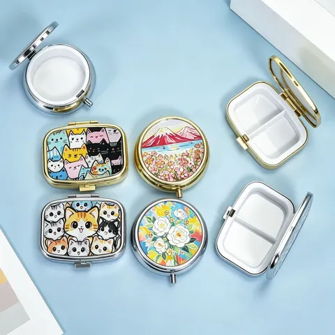 Portable Metal Pill Box Moisture Proof Medicine Case Travel Jewelry Organizer With Embossed Cartoon Cat Floral Pattern