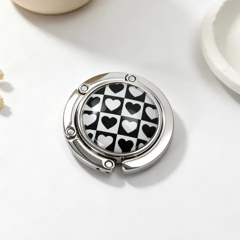 Portable Folding Metal Purse Hanger For Table Edge Bag Hook Checkerboard Smile Heart Pattern Zinc Alloy Desk Hook For Women Handbag Storage
