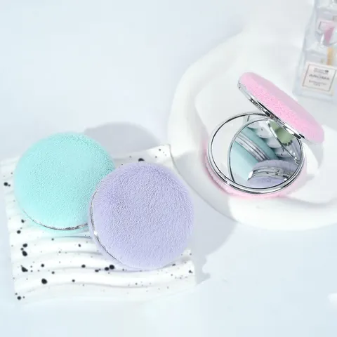 Round Plush Double Sided Makeup Mirror Portable Compact Pocket Mirror With Metal Frame Faux Fur Cover For Travel Women