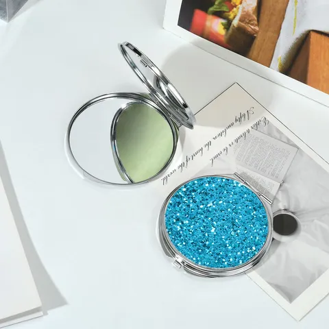 Cute Round Folding Pocket Makeup Mirror With Glitter Sequins Portable Double Sided Compact Vanity Mirror For Travel Women Daily