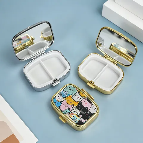 Portable Metal Pill Box Moisture Proof Medicine Case Travel Jewelry Organizer With Embossed Cartoon Cat Floral Pattern
