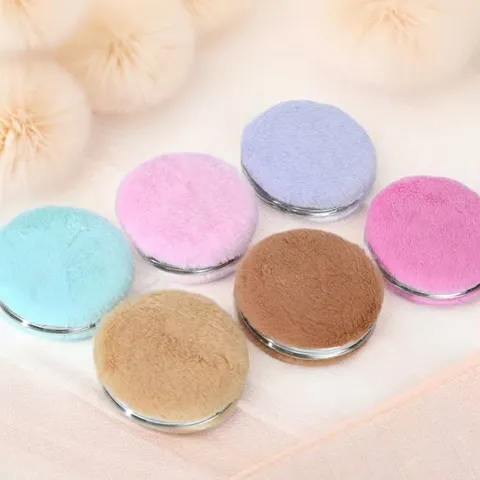 Round Plush Double Sided Makeup Mirror Portable Compact Pocket Mirror With Metal Frame Faux Fur Cover For Travel Women