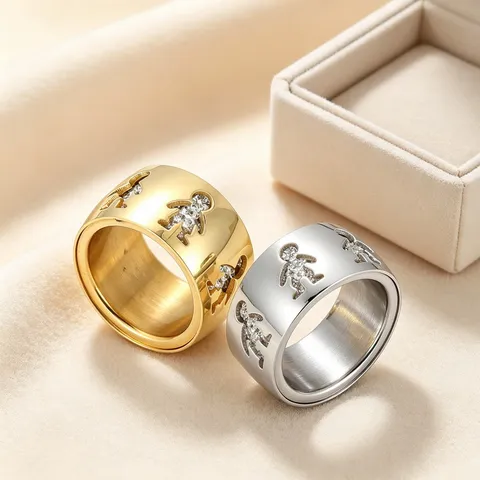 Moda Brede Dubbellaagse Holle Cartoon Figuur Strass Titanium Staal Ring Vrouwen Sieraden