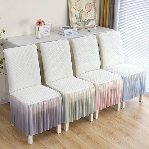 Full Coverage Elastic Quilted Dining Chair Cover With Mesh Ruffle Skirt Soft Polyester Slipcover For Home Dining Room Decor