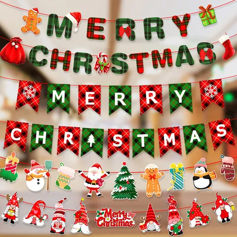 Cartoon Paper Christmas Banner Merry Christmas Hanging Garland For Party Home Fireplace Wall Decor Bunting Banner