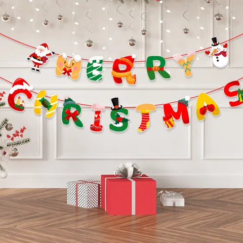 Cartoon Paper Christmas Banner Merry Christmas Hanging Garland For Party Home Fireplace Wall Decor Bunting Banner