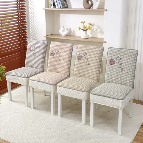 Quilted Integrated Dining Chair Cover New Chinese Style Plaid Chair Pad Non Slip For Home Kitchen Dining Room