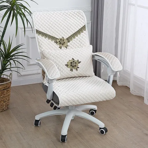 Quilted Office Chair Cover Set Embroidered Swivel Chair Protector With Armrest Covers Lumbar Pillow Home Decor