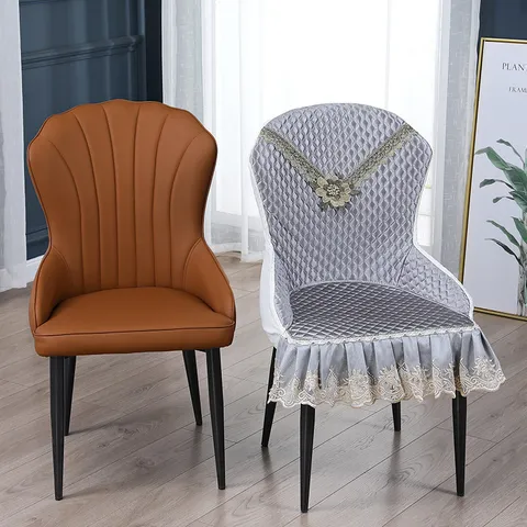Light Luxury Shell Dining Chair Cover Waterproof Quilted Dustproof Slipcover With Lace Ruffle For Kitchen Home Decor