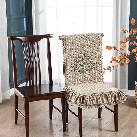 New Chinese Style Dining Chair Cover Quilted Velvet Protector With Lace Trim And Embroidery Elegant Home Kitchen Chair Slipcover