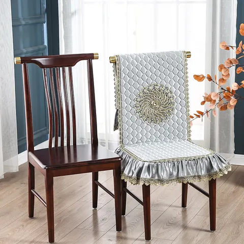 New Chinese Style Dining Chair Cover Quilted Velvet Protector With Lace Trim And Embroidery Elegant Home Kitchen Chair Slipcover