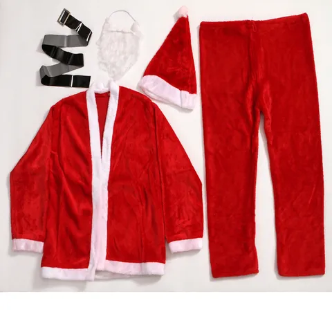Adult Men Santa Claus Costume Set Red Short Plush Christmas Cosplay Outfit Top And Bottom Hat Belt Beard Festive Suit