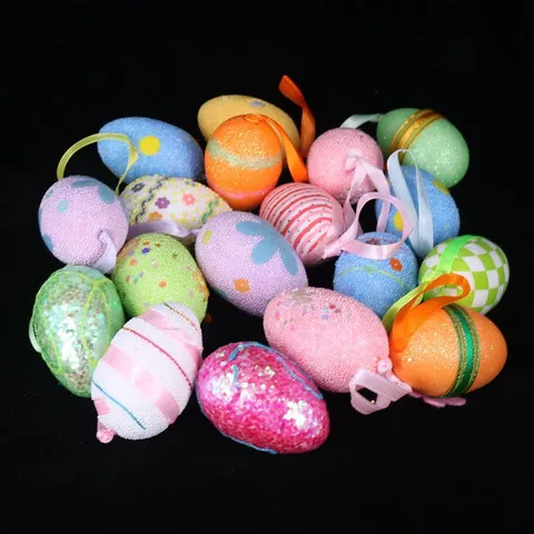 Easter Foam Eggs Holiday Decorative Ornaments Colorful Glitter Painted Easter Eggs For Home Party Hanging Decor Crafts