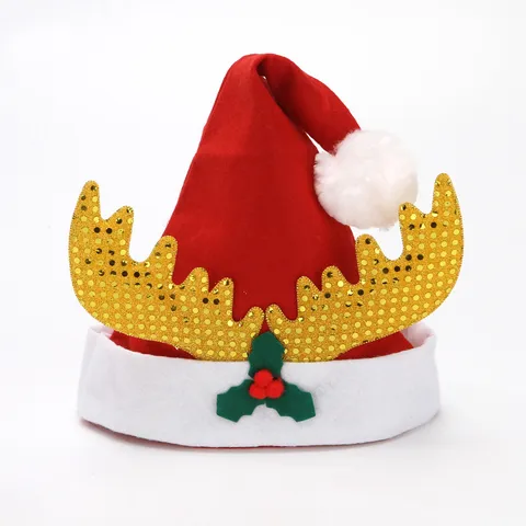 Christmas Reindeer Antler Hat Plush Sequin Xmas Cap For Children Adults Festive Holiday Party Decoration Red White Gold