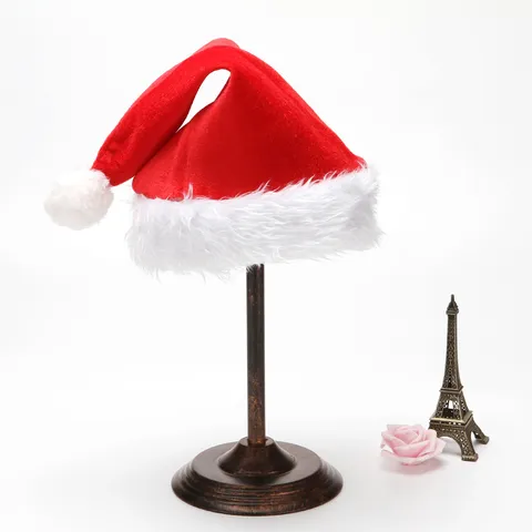 Red Golden Velvet Christmas Hat Double Layer Thickened Santa Hat With White Long Plush Pom-Pom For Adults Holiday Party Decor