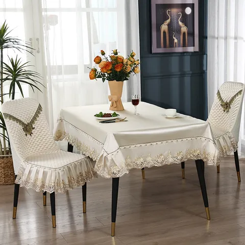 Lujo Europeo Funda de Silla de Seda de Hielo Acolchada y Conjunto de Mantel Borde de Encaje A Prueba de Polvo Comedor Decoración del Hogar