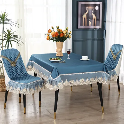 Lujo Europeo Funda de Silla de Seda de Hielo Acolchada y Conjunto de Mantel Borde de Encaje A Prueba de Polvo Comedor Decoración del Hogar