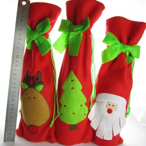 Christmas Wine Bottle Cover Santa Claus Reindeer Christmas Tree Pattern Red Fabric Champagne Bottle Bag For Party Table Decor