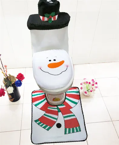 Festliches Flanell Weihnachten Schneemann WC Sitzbezug Set Inklusive Deckelbezug Spülkastenbezug Und Badezimmer Fußmatte Dekor Home Ornament