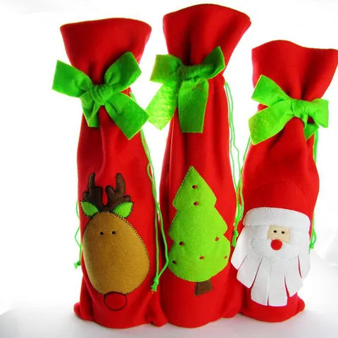 Christmas Wine Bottle Cover Santa Claus Reindeer Christmas Tree Pattern Red Fabric Champagne Bottle Bag For Party Table Decor