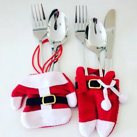 Mini Weihnachtsmann Kleidung Hose Besteckhalter Set Weihnachten Esstisch Dekoration Rote Stoff Bestecktaschen Festliches Ornament