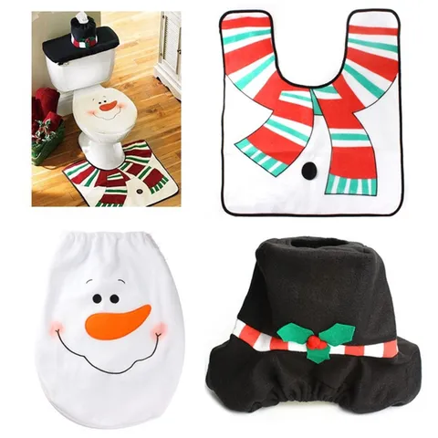 Festive Flannel Christmas Snowman Toilet Seat Cover Set Including Lid Cover Tank Cover And Bathroom Floor Mat Ornament Home Decor