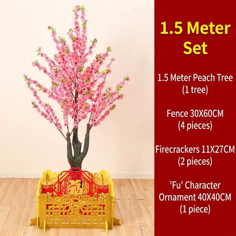 Traditionelles Chinesisches Neujahr Künstlicher Pfirsichblütenbaum Set Hohl Ausgeschnitten Gold Zaun Rot Feuerwerkskörper Fu Ornament Festliche Dekoration Für Zuhause Hochzeit Feier